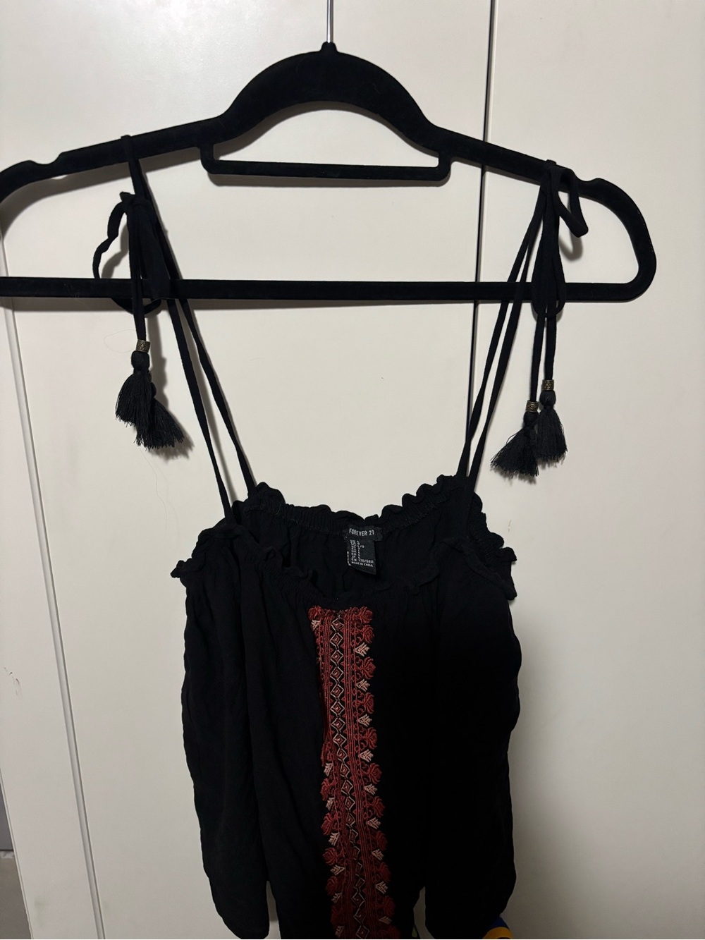 Forever 21 Black Cropped Tie-Strap Tank with Red Embroidery